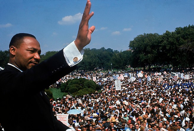 Dr. Martin Luther King Jr. addressing crowd of dem